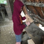 Nate looking at the carpenters' equipment